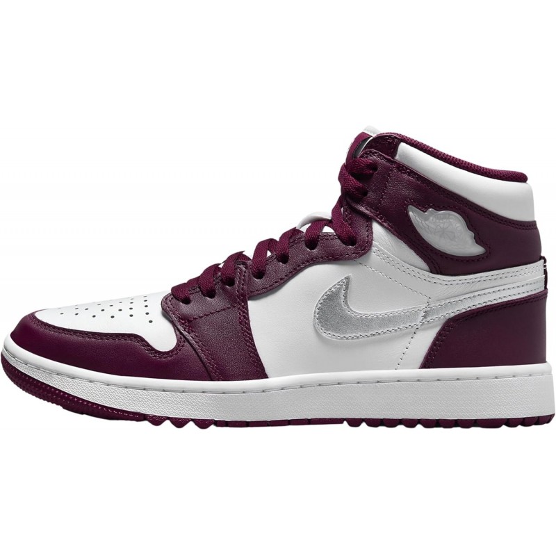 Chaussures de golf NIKE Air Jordan I High G pour homme (DQ0660-103, blanc/bordeaux/argent métallique)